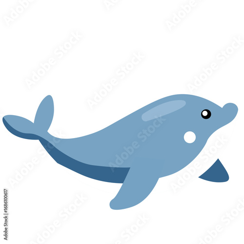 Cute cartoon dolphin 2d illustration with gray body and white belly, isolated on white background, perfect for sea, marine, or children design.
