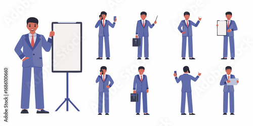 Diverse businessman poses collection with presentation board and mobile phone