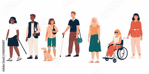 Diverse group of people with disabilities and a service dog standing together