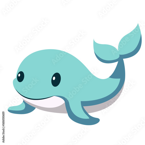 Cute cartoon whale 2d illustration in blue color with smiling face, isolated on white background, perfect for sea, marine, or children design.

