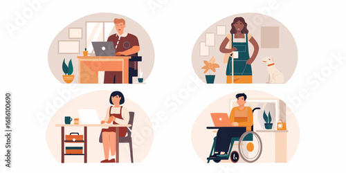 Diverse people working from home in a modern flat illustration style