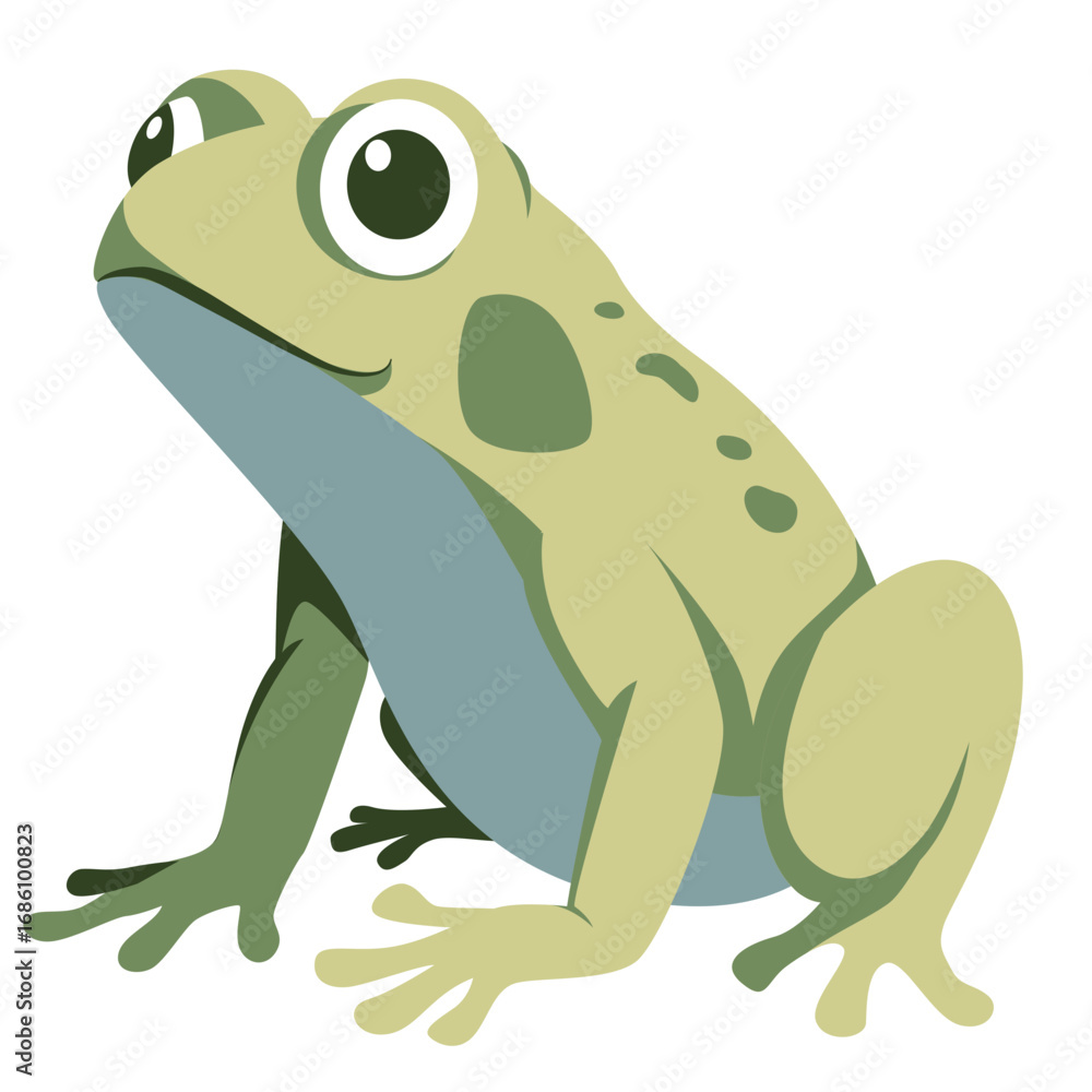 Fototapeta premium 2d illustration light green frog with big eyes sitting, cartoon amphibian in flat vector style, perfect for learning materials, children’s books, and nature themes. 