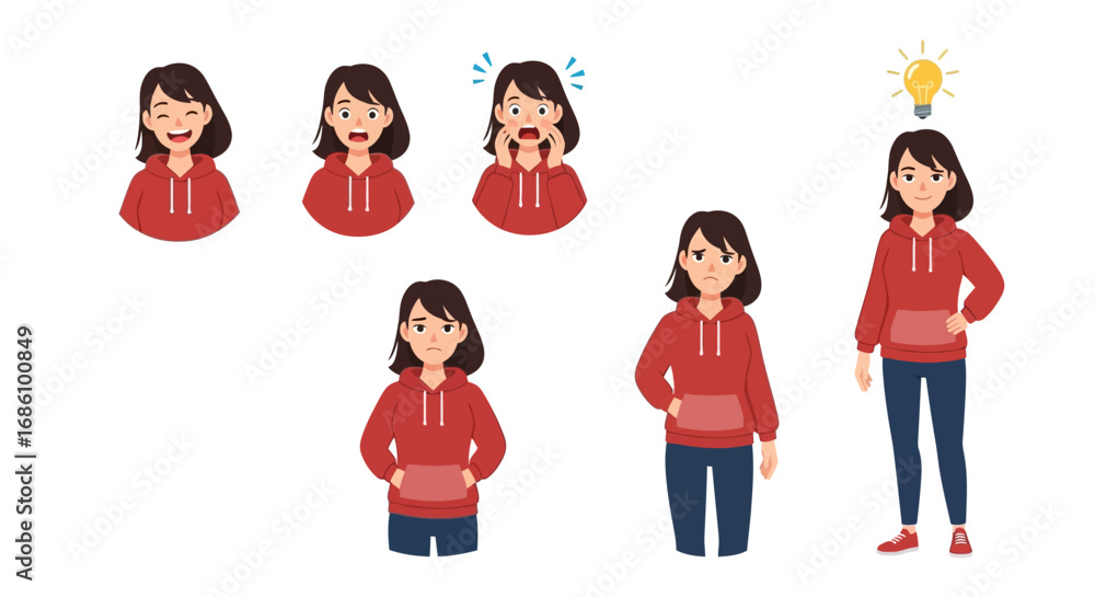 Obraz premium Expressive Woman in Red Hoodie A Collection of Emotions and Ideas