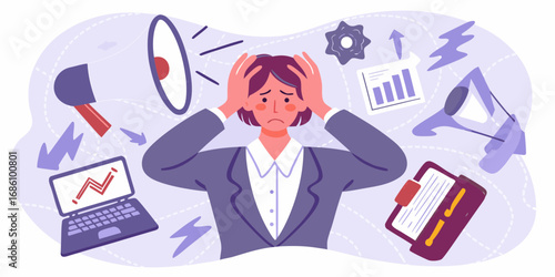 Stressed businesswoman overwhelmed by work and deadlines with charts and megaphones