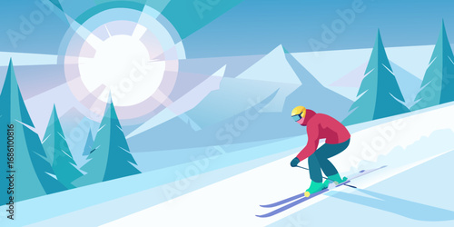 Stylized illustration of a skier descending a snowy mountain slope under a bright sun and clear sky