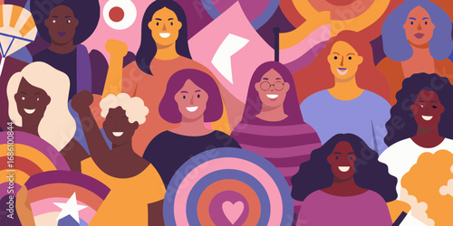 Diverse group of women celebrating together with pride symbols and colorful abstract background