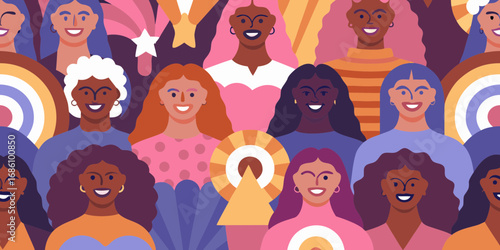 Diverse group of smiling women with various hairstyles and skin tones celebrating together