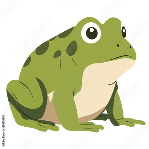 2d illustration smiling green frog sitting calmly, cartoon style amphibian character, flat vector drawing ideal for kids content, nature education, and storytelling visuals.
