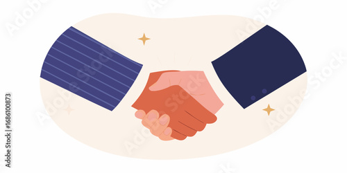 Two business people shaking hands in a gesture of agreement and partnership with sparkling stars