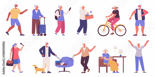 Diverse group of active senior adults enjoying various activities and hobbies in a flat illustration style