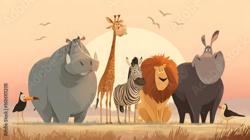 A friendly group of cartoon safari animals standing together.