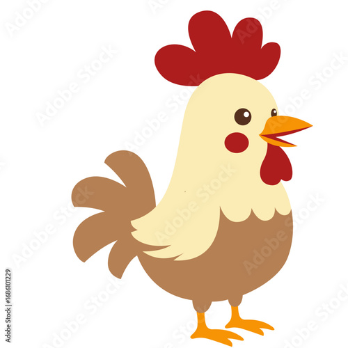 2d illustration cartoon chicken with light brown feathers, beak open, standing happily. Ideal for farm themes, rural designs, children’s books, and agricultural concepts.