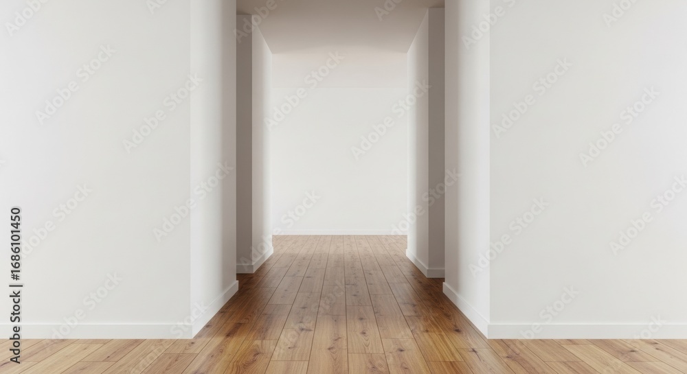 Fototapeta premium Minimalist empty corridor with white walls and wooden floor interior modern architecture.
