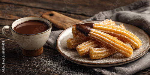 Golden churros dusted with sugar are served on ceramic plate alongside cup of rich dipping chocolate, creating warm and inviting dessert scene