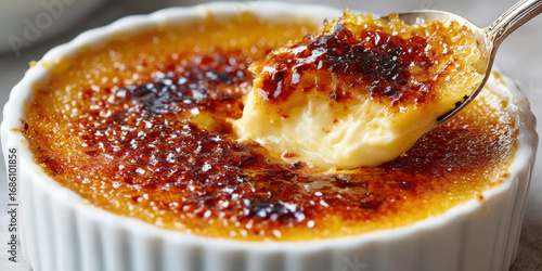 Close up of creme brulee with caramelized top being scooped with spoon, showcasing its creamy texture and golden crust