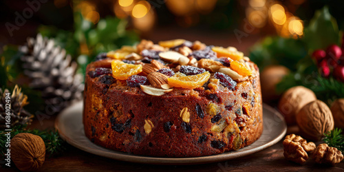 Fototapeta Naklejka Na Ścianę i Meble -  Rich fruitcake adorned with dried fruits and nuts, surrounded by festive decorations, creating warm holiday atmosphere. cake texture and colors evoke sense of celebration