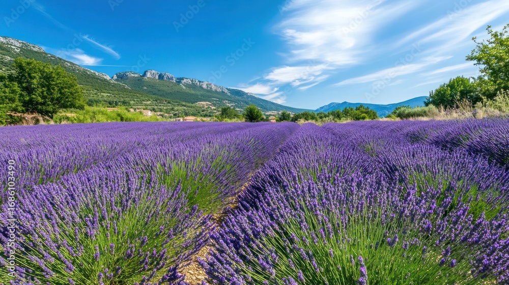 Naklejka premium Lavender field under a summer sky
