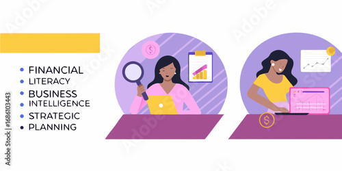 Women analyzing financial data and business growth with laptops and magnifying glass for strategic planning