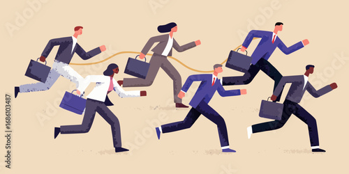 Diverse group of business professionals in suits running forward with briefcases in a competitive race