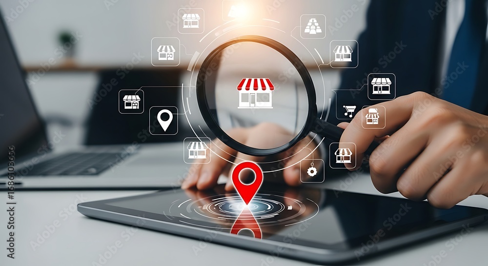 Fototapeta premium Local Business Marketing Strategy Analyzing Local Stores with Magnifying Glass on Digital Tablet