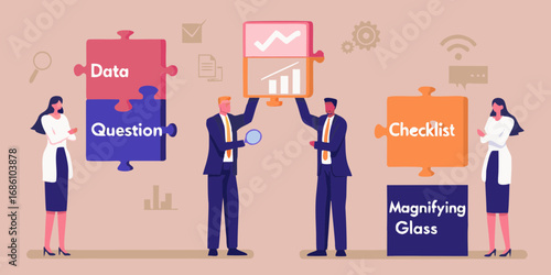Business professionals assembling puzzle pieces representing data analysis questions checklists and magnifying glass for problem solving