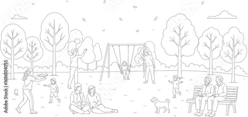 Joyful families and friends enjoying a sunny day with outdoor activities like playing frisbee and swinging
