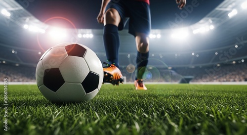 Player ready to kick ball, professional football in big stadium and green grass illuminated in stadium