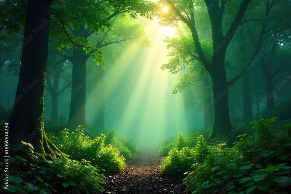 Obraz premium Serene Misty Forest Sunlight Dapples Lush Greenery in a Mystical Morning Atmosphere