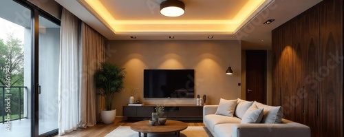 Modern minimalist ceiling light fixture illuminates a contemporary living room, casting soft, warm light Perfect for interior design inspiration , dimmable, lamp