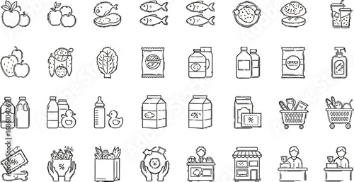 Vibrant grocery icons showcasing fresh produce, dairy, meat, and shopping essentials for a healthy lifestyle.