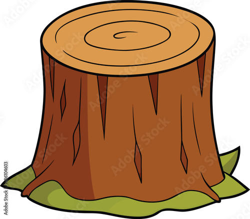 A cartoon tree stump with a single green leaf resting on top, set against a simple background.