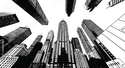 Dramatic monochrome skyline perspective showcasing iconic architecture and urban energy, a modern cityscape view