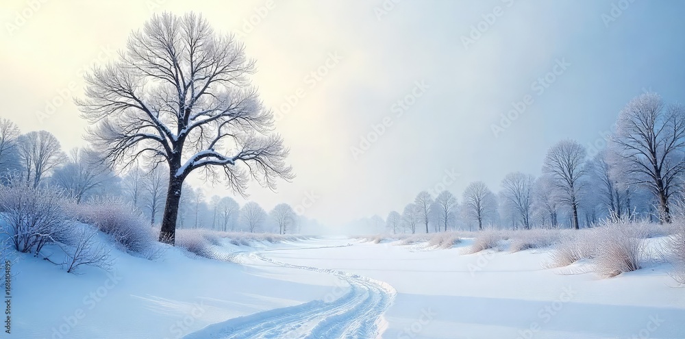 Obraz premium Stark, snow-covered branches reach towards a pale winter sky, revealing a desolate yet beautiful landscape Frozen ground, leafless trees, cold, winter stillness , winter background, barren