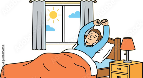 Man stretching upon waking up in the morning, enjoying a peaceful, sunny start to the day