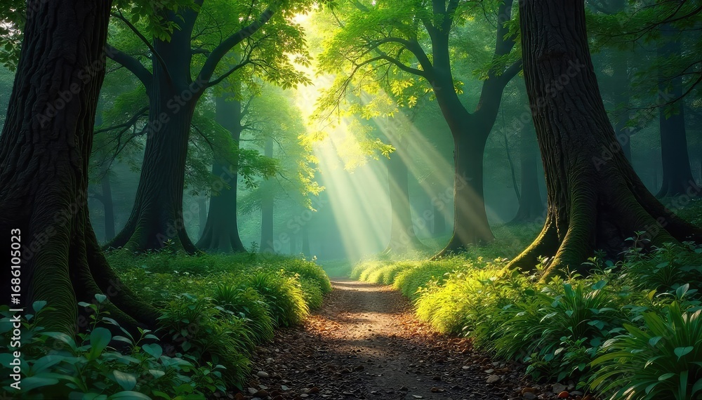 Obraz premium Sun-dappled path winds through a dense, ancient forest, sunlight filtering through leaves A sense of mystery and tranquility pervades the scene , untamed, undergrowth