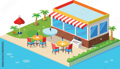 Isometric illustration of a restaurant situated on an island, showcasing outdoor seating and tropical surroundings.