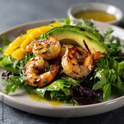 Fresh grilled shrimp salad with avocado mango greens and herb dressing served on a white plate with a small bowl of sauce on a dark surface