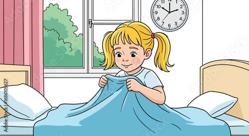 Adorable little girl making her bed in the bright morning light looking happy and content illustration