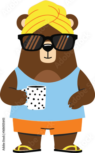 Relaxing cartoon bear enjoying morning coffee in sunglasses and turban, summer vibes and fun for kids