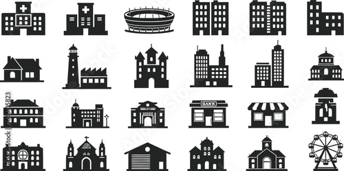 Diverse building icon set featuring hospital, stadium, skyscraper, bank, church, and ferris wheel silhouettes