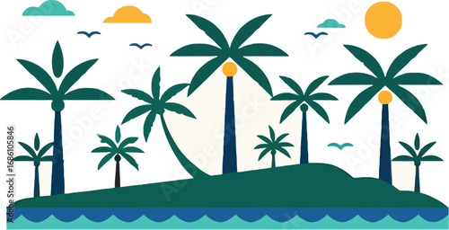 Tropical island paradise beckons with swaying palm trees and turquoise waters under sunny skies