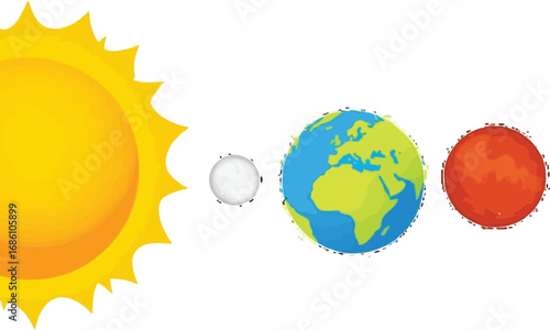 Explore the solar system featuring the sun, moon, earth and mars in a cartoon style illustration