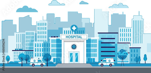 Modern hospital scene in a city with ambulances ready for emergencies and urgent medical care support