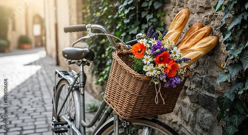 Fototapeta Naklejka Na Ścianę i Meble -  Charming Bicycle Basket Filled with Fresh Flowers and Crusty Baguettes on a European Street