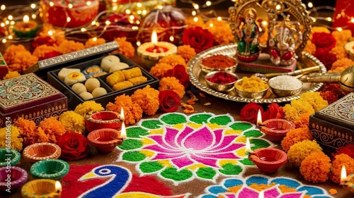 Vibrant Diwali festival celebration with colorful rangoli, lit clay oil lamps or diyas, Indian sweets, and a puja thali with Lakshmi Ganesha idols.