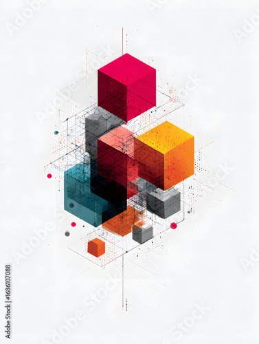 Abstract composition of colorful geometric cubes in a dynamic structure.