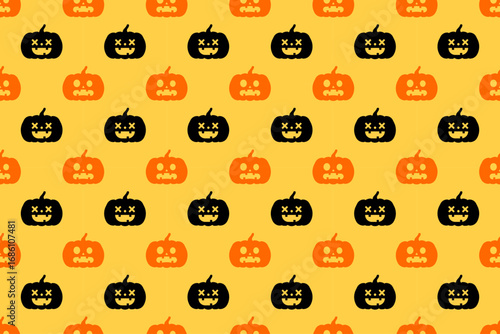 Seamless pumpkin silhouette pattern with shocked orange and smiling black faces on yellow background. Great for spooky prints, Halloween cards, and crafts.
