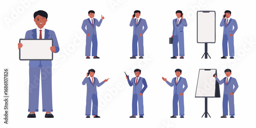 Collection of diverse businessmen in suits demonstrating various actions and holding presentation tools