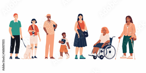 Diverse group of people with disabilities and a dog standing together in a line