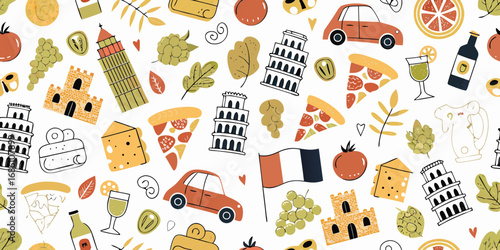 Charming italian holiday icons featuring leaning tower of pisa pizza and cars